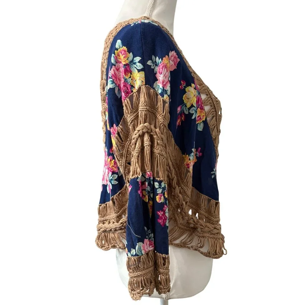 Boho Chic Crochet & Floral Knit Top With Raglan Sleeves Size Small